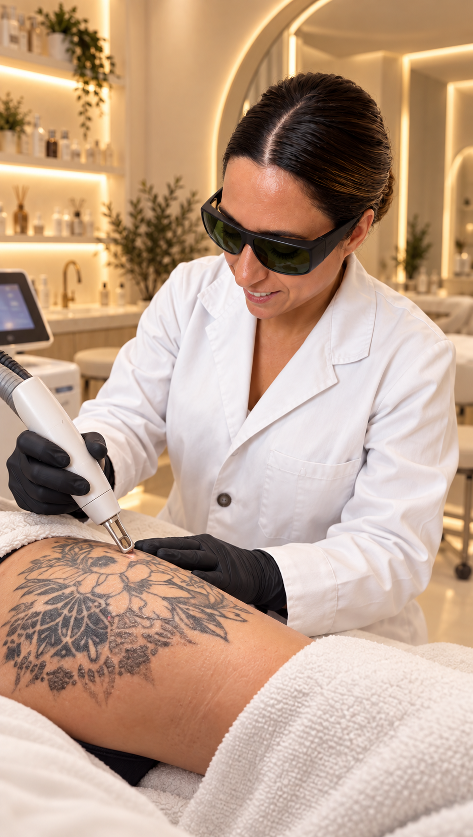 Dra. Estefanía Balboa realizando una sesión ilustrativa de remoción láser de tatuajes en NALA
